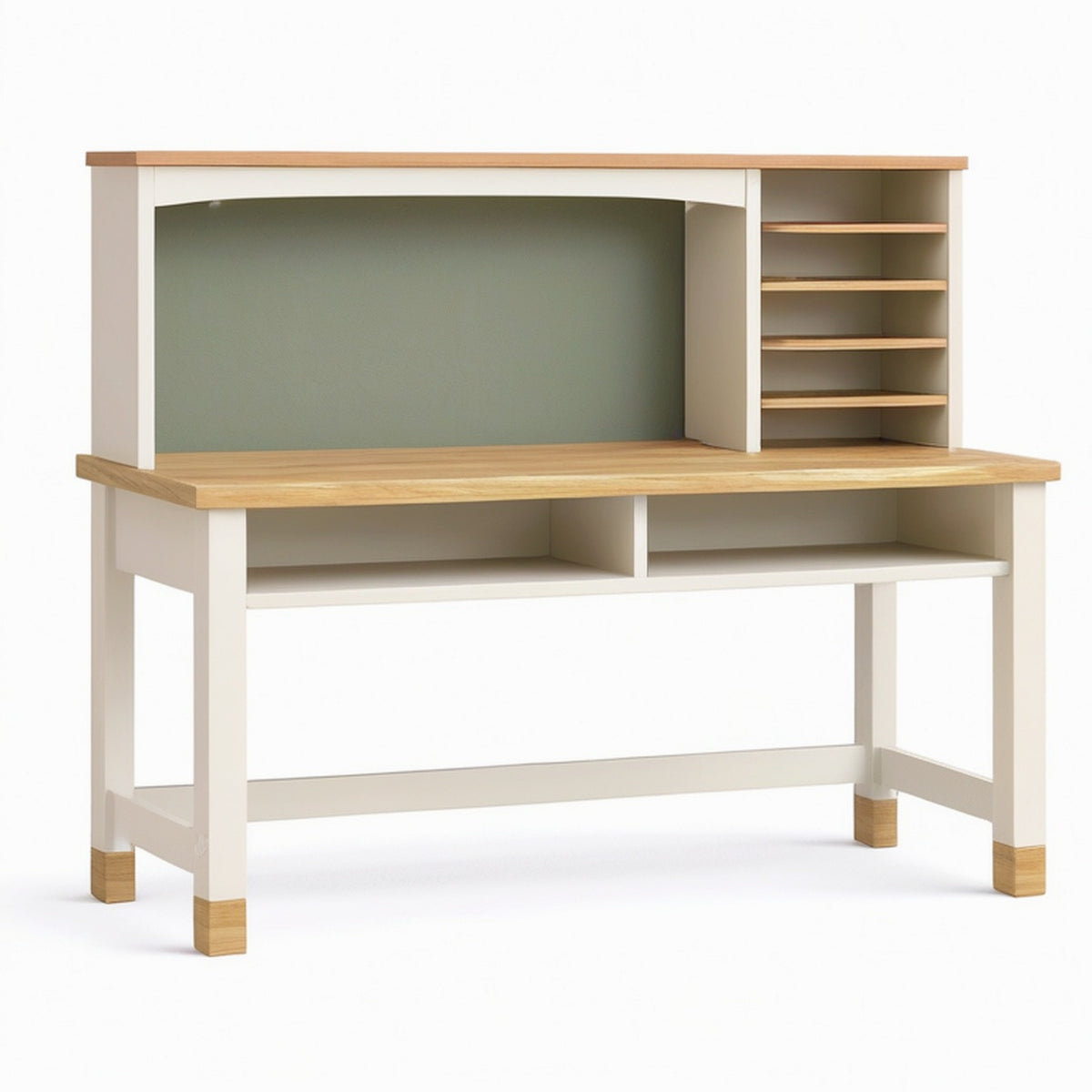 Bureau avec étagères 120 x 60 x 140 cm en bois blanc naturel et vert sauge style scandinave