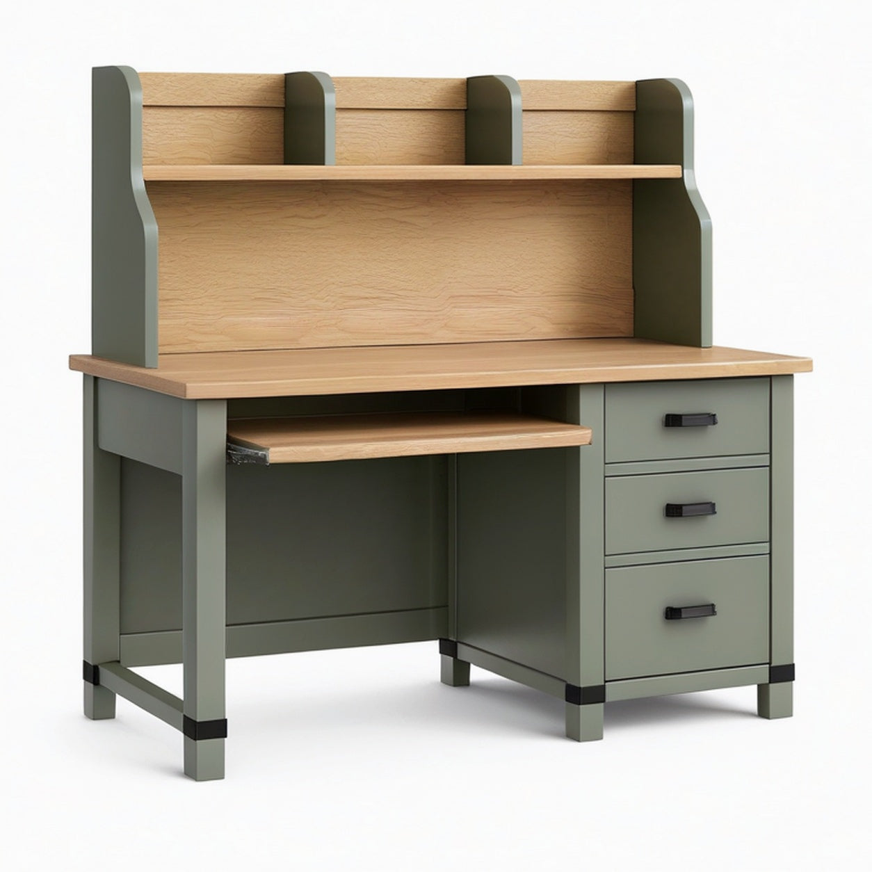 Bureau avec étagère 120 x 60 x 180 cm en panneaux de bois vert olive et chêne avec tiroirs