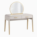 Coiffeuse 120 cm blanche effet marbre et métal doré avec miroir rond