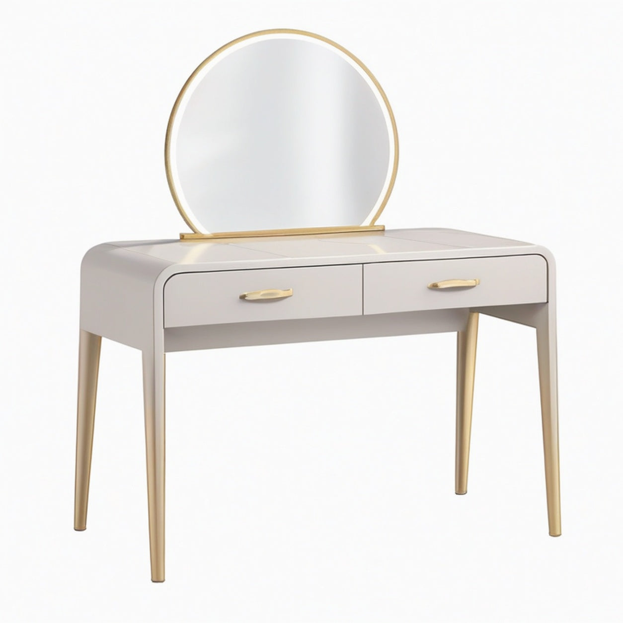 Coiffeuse 120 cm blanche effet marbre et métal doré avec miroir rond