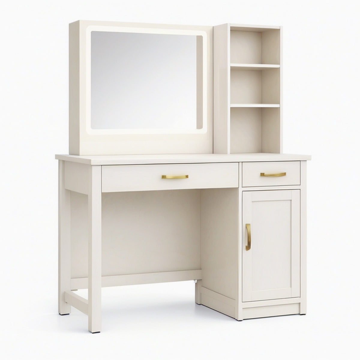 Coiffeuse 100 x 50 x 150 cm en bois blanc avec miroir lumineux et rangements style contemporain