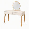Coiffeuse 100 x 45 x 76 cm en bois blanc et doré avec miroir rond et 2 tiroirs style contemporain