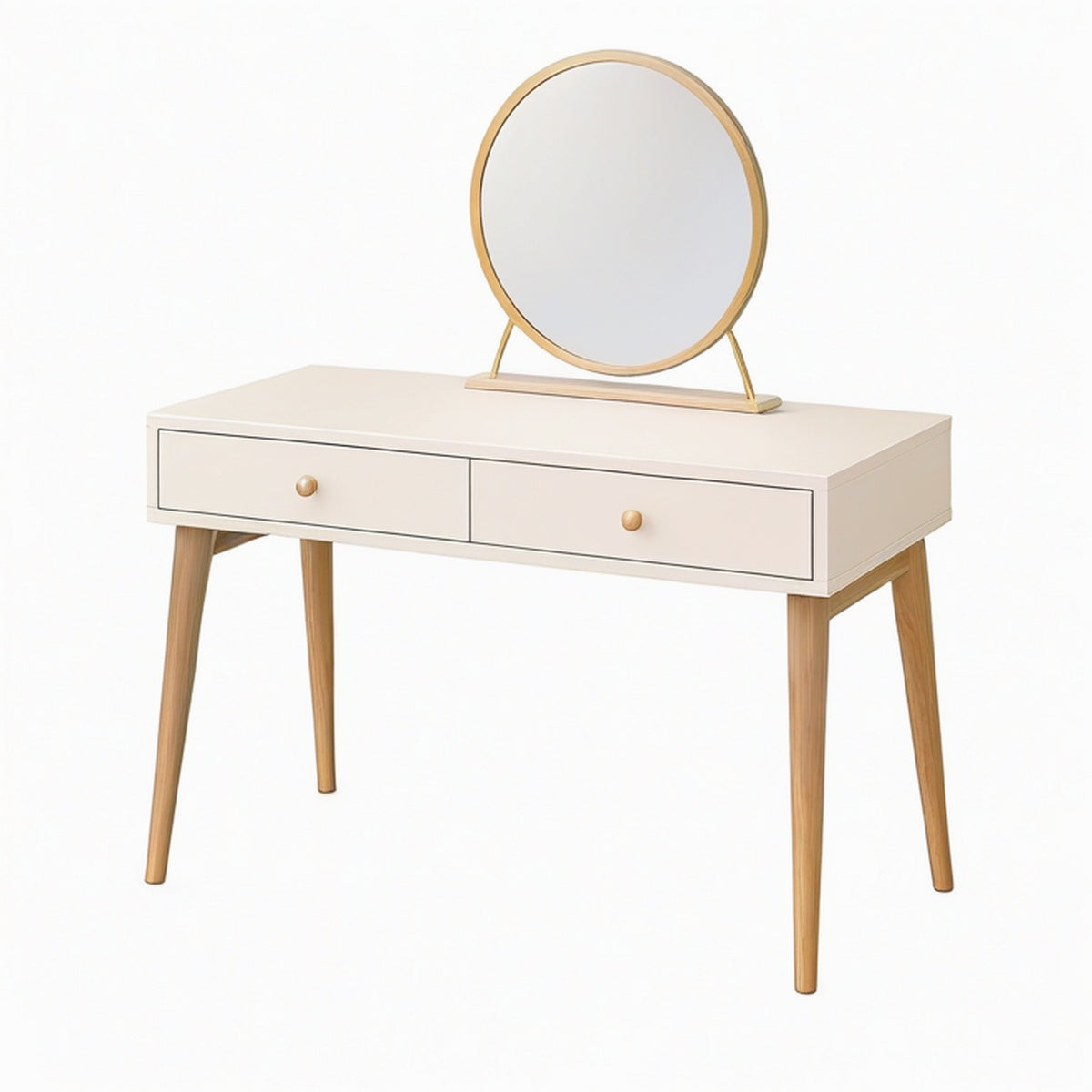 Coiffeuse 100 x 45 x 76 cm en bois blanc et doré avec miroir rond et 2 tiroirs style contemporain