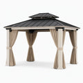 Pavillon de jardin 300 x 300 cm en aluminium beige avec toit rigide noir et rideaux
