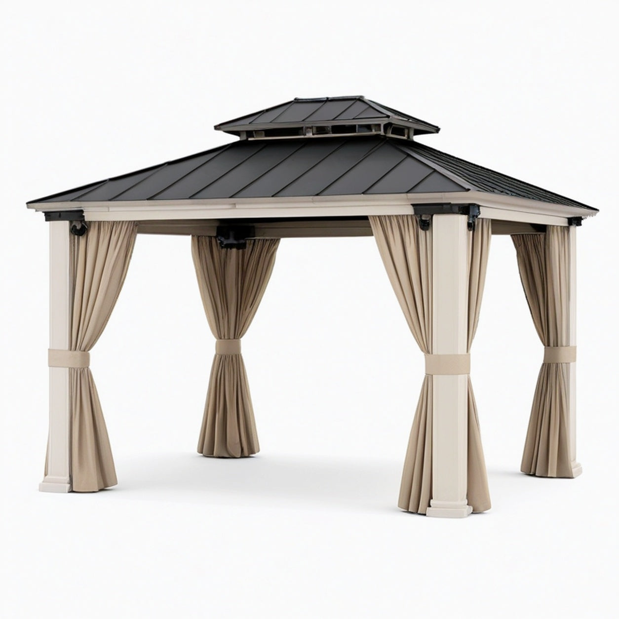 Pavillon de jardin 300 x 300 cm en aluminium beige avec toit rigide noir et rideaux