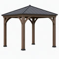 Pavillon de jardin 300 x 300 cm en bois brun avec toit métallique noir style rustique