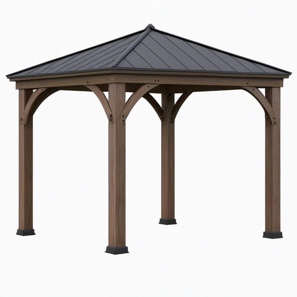 Pavillon de jardin 300 x 300 cm en bois brun avec toit métallique noir style rustique