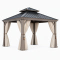 Pavillon de jardin 300 x 300 x 320 cm en métal taupe avec rideaux et toit rigide