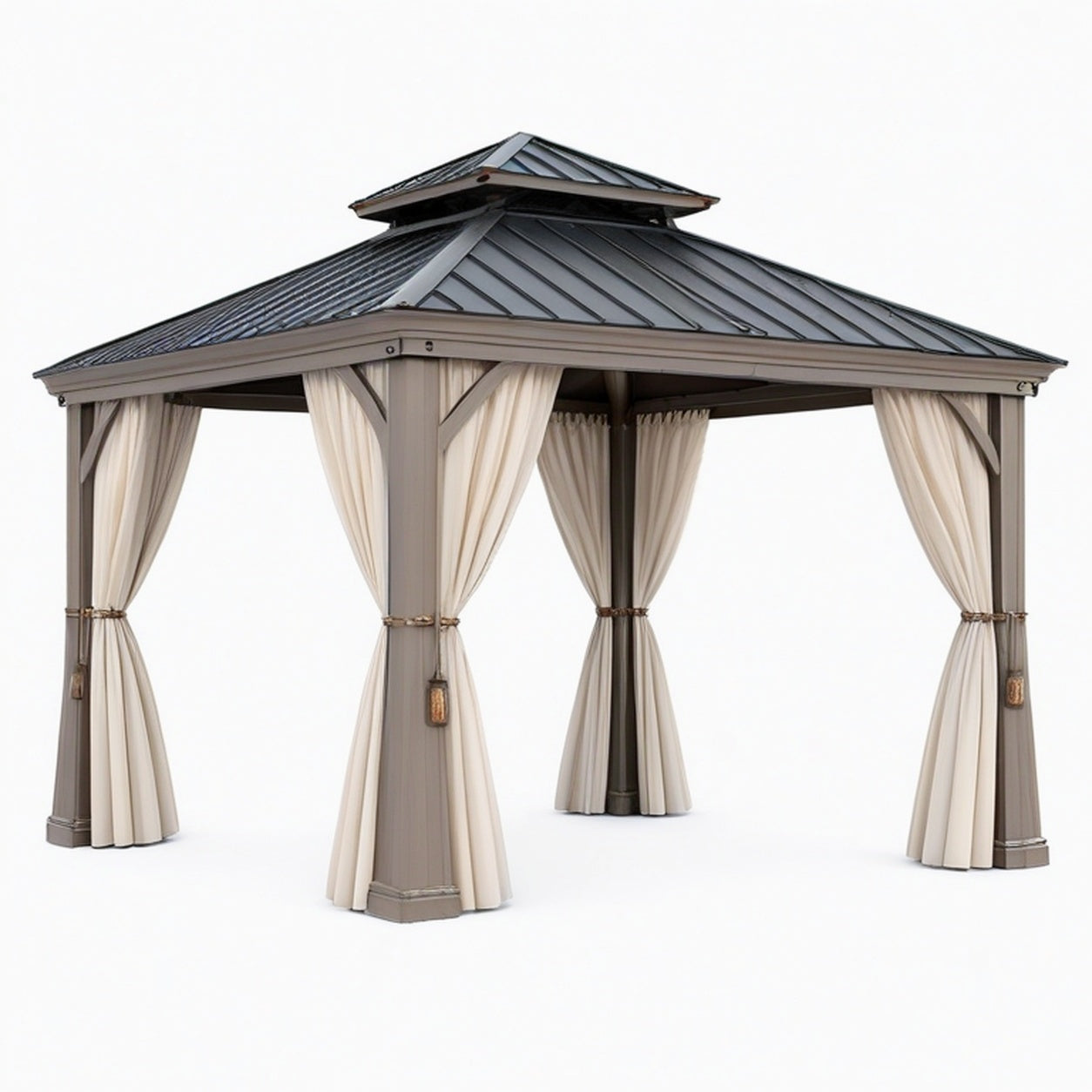 Pavillon de jardin 300 x 300 x 320 cm en métal taupe avec rideaux et toit rigide
