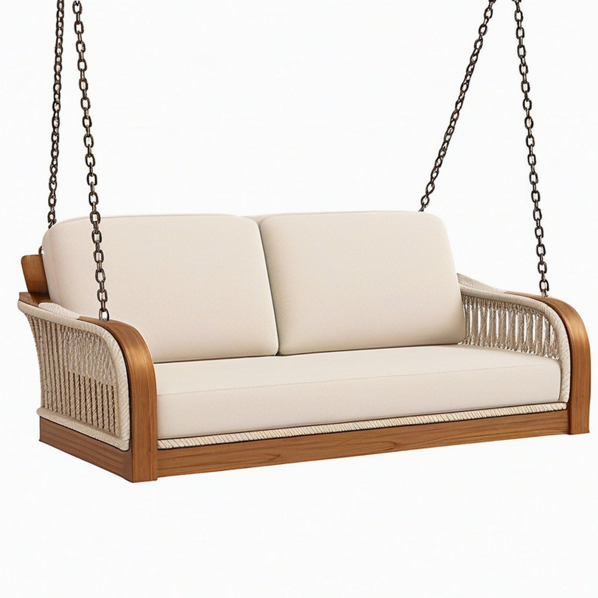 Balancelle de jardin 2 places 160 x 80 x 70 cm en bois brun avec corde beige suspendue